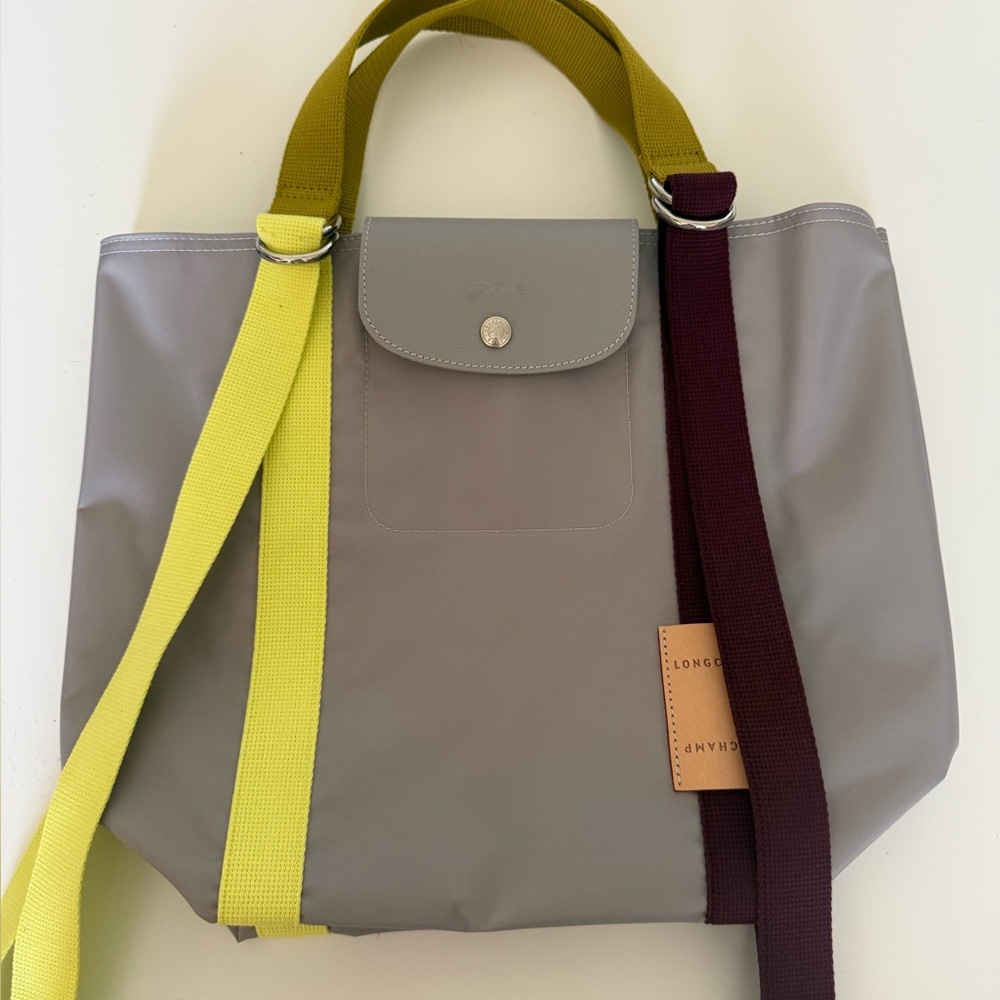 Longchamp Nylon Tote Bag with Yellow and Burgundy Straps New